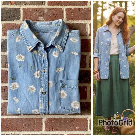 Tops - Floral Daisy Print Denim Button Up Shirt Large